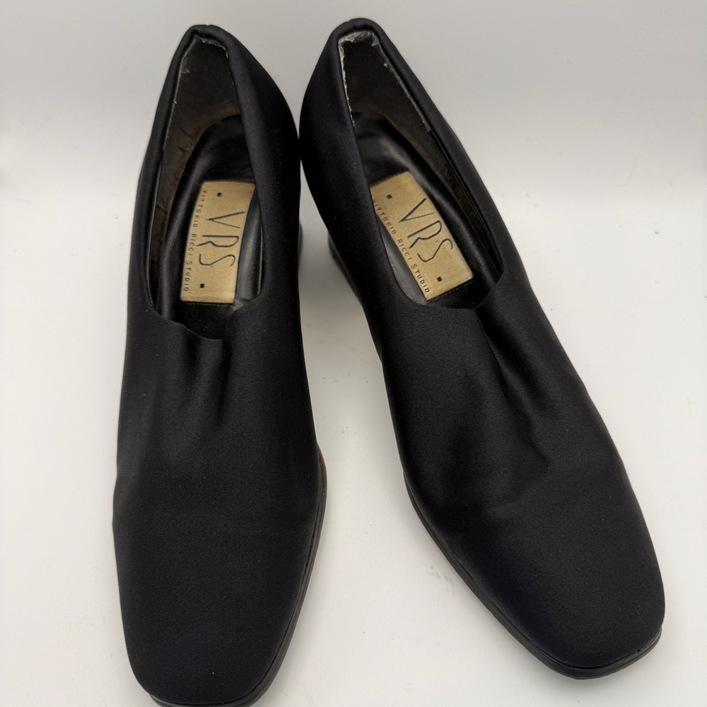 Vittorio Ricci Studios Black Satin Chunky Healed Pumps Square Toe Women’s 8